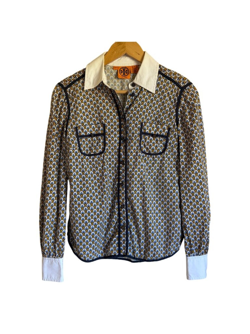 Tory Burch Patterned Button Up Collared Shirt Yellow Navy BLue Size 4 Cotton Ble